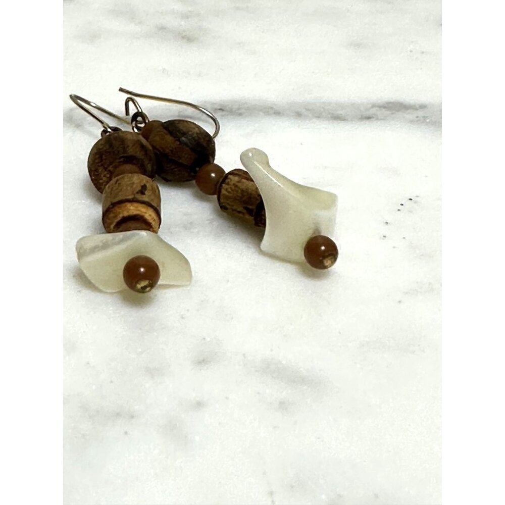 Handcrafted Wooden & Shell Drop Earrings Whimsical Unique Lightweight Jewelry